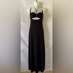 Black Bodycon Maxi Dress Size S High Slit Halter Ring Edgy Cyber Goth Alt Punk